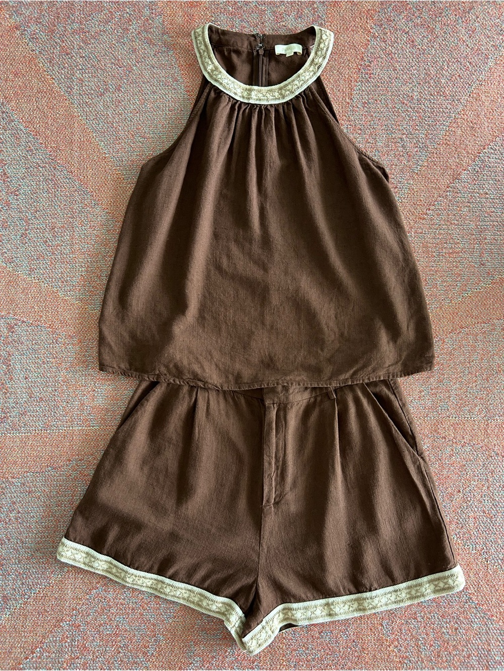 Parker Brown Linen Blend Embroidered Halter Top & Shorts Matching Set S/M